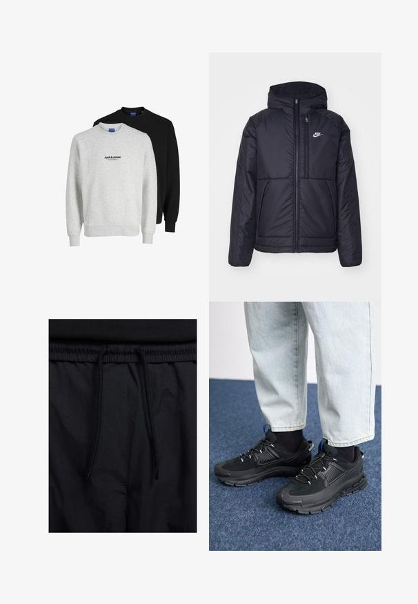 Chaqueta acolchada negra de Nike con cremallera frontal y capucha. Presenta un logo blanco en el lado izquierdo del pecho y dos bolsillos frontales. Textura exterior suave.; Dos sudaderas de Jack & Jones: una de color gris claro con un logo, y la otra negra. Ambas tienen cuellos redondos y puños de canalé.; Pantalones cortos negros con cinturilla ajustable, tejido ligero con una textura suave y un diseño sencillo sin logotipos visibles ni patrones.; Zapatillas deportivas negras con tejido texturizado y suelas de goma, con cordones elásticos y un acento azul en el talón. Combinadas con pantalones de mezclilla claros.