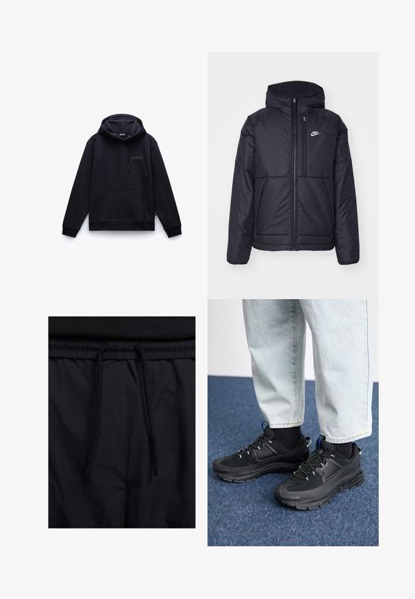Giacca Nike nera, imbottita, con zip frontale e cappuccio. Presenta un logo bianco sul lato sinistro del petto e doppie tasche frontali. Texture esterna liscia.; Felpa con cappuccio blu navy, dotata di tasca frontale, cappuccio con lacci e logo discreto sul petto. Tessuto morbido e vestibilità comoda.; Shorts neri con vita regolabile tramite coulisse, tessuto leggero con una texture liscia e un design semplice senza loghi o motivi visibili.; Scarpe sportive nere con tessuto testurizzato e suole in gomma, dotate di lacci elastici e un accento blu sul tallone. Indossate con pantaloni in denim chiaro.