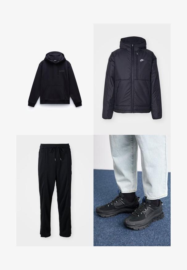 Chaqueta acolchada negra de Nike con cremallera frontal y capucha. Presenta un logo blanco en el lado izquierdo del pecho y dos bolsillos frontales. Textura exterior suave.; Sudadera azul marino con un bolsillo frontal tipo pouch, capucha ajustable y un logo sutil en el pecho. Textura suave y corte relajado.; Pantalones casuales negros con cordón en la cintura, con bolsillos laterales y corte de pierna recta sobre un fondo liso.; Zapatillas deportivas negras con tejido texturizado y suelas de goma, con cordones elásticos y un acento azul en el talón. Combinadas con pantalones de mezclilla claros.
