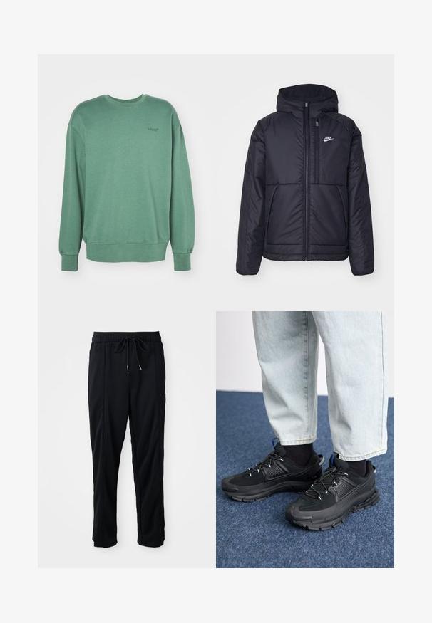 Jachetă Nike neagră, căptușită, cu fermoar pe față și glugă. Prezintă un logo alb pe pieptul stâng și două buzunare frontale. Textură exterioară netedă.; Hanorac verde cu mâneci lungi, guler rotund, manșete ribbate și un mic logo negru pe piept. Material din bumbac moale și texturat.; Pantaloni casual negri cu șnur la talie, cu buzunare laterale și croială dreaptă, pe un fundal simplu.; Pantofi sport negri, cu țesătură texturată și tălpi din cauciuc, având șireturi elastice și un accent albastru pe toc. Purtați cu pantaloni din denim deschis.