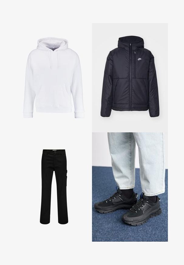 Crna Nike jakna s podstavom, dugmadi sprijeda i kapuljačom. Ima bijeli logotip na lijevoj strani prsnog koša i dva prednja džepa. Glatka vanjska tekstura.; Bijela dukserica od mekanog materijala, s kapuljačom na šnurovanje, kenguruxim džepom i rebrastim manžetama i donjim rubom. Jednostavan, ležeran dizajn.; Crne cargo hlače od pamuka sa ravnim nogavicama, s bočnim džepom, zatvaranjem na dugme i suptilnim detaljima šivanja.; Crne atletske cipele s teksturiranom tkaninom i gumene potplate, s elastičnim vezicama i plavim akcentom na peti. Nosene su s svijetlim trapericama.