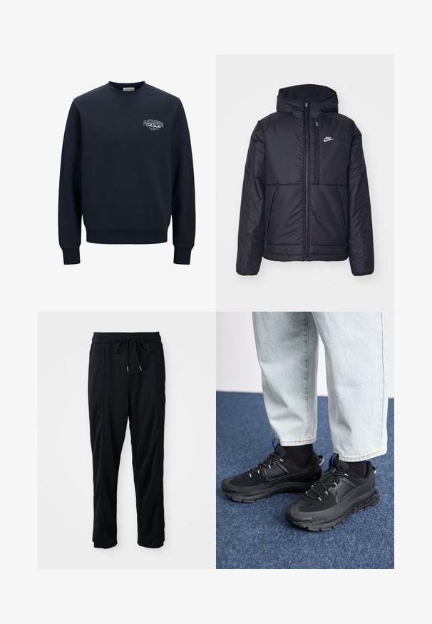 Čierna, polstrovaná bunda Nike so zipsom vpredu a kapucňou. Na ľavej strane hrude sa nachádza biele logo a sú tu dva predné vrecká. Hladký vonkajší povrch.; Námořnická modrá mikina z kombinace bavlny, s kulatým výstřihem. Obsahuje žebrované manžety a lem, s bílým logem na levém hrudi.; Čierne voľné nohavice na gumičku v páse s bočnými vreckami a rovnými nohavicami na jednoduchom pozadí.; Čierne športové topánky s textúrovanou tkaninou a gumovou podrážkou, so elastickými šnúrkami a modrým akcentom na päte. Nosia sa s svetlými riflami.