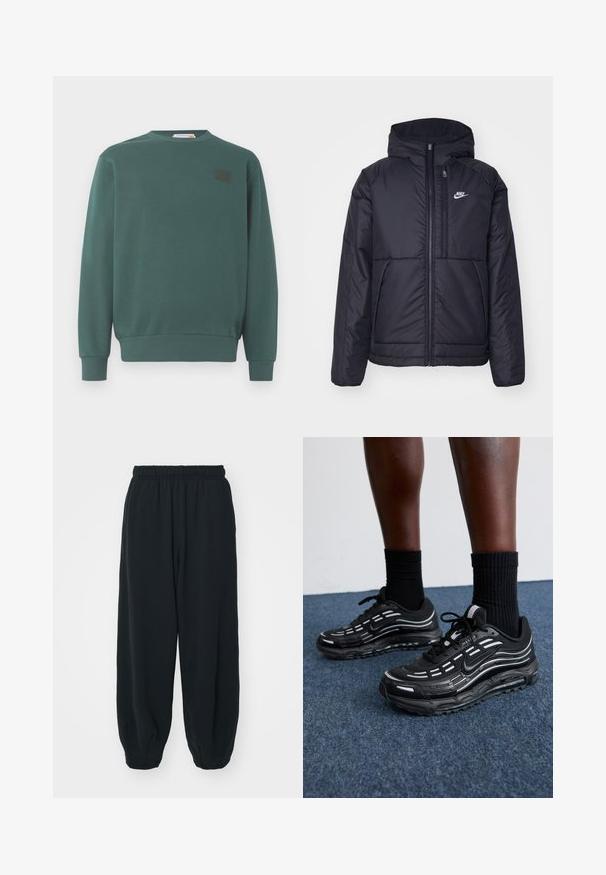 Must musta Nike jope, millel on ees lukuga avamine ja kapuuts. Vasakpoolne rind on kaunistatud valge logoga ning ees on kaks taskut. Sile välimine tekstuur.; Roheline sviiter pehmest kangast, millel on ümmargune kaelus, pikad varrukad, ribaga mansetid ja serv, ning pruun logopatch ees.; Mustade elastse vöökoha ja laia lõikega dressipüksid, mansetiga sääred, sile tekstuur ning ilma nähtavate mustrite või detailideta.; Mustad mustad Nike'i jalanõud on varustatud võrkstruktuuriga pealispinna, aktsenttriipude, tekstuuritud paelte ja musta kummist tallaga. Kannan mustade ribakudumiste sokkidega.