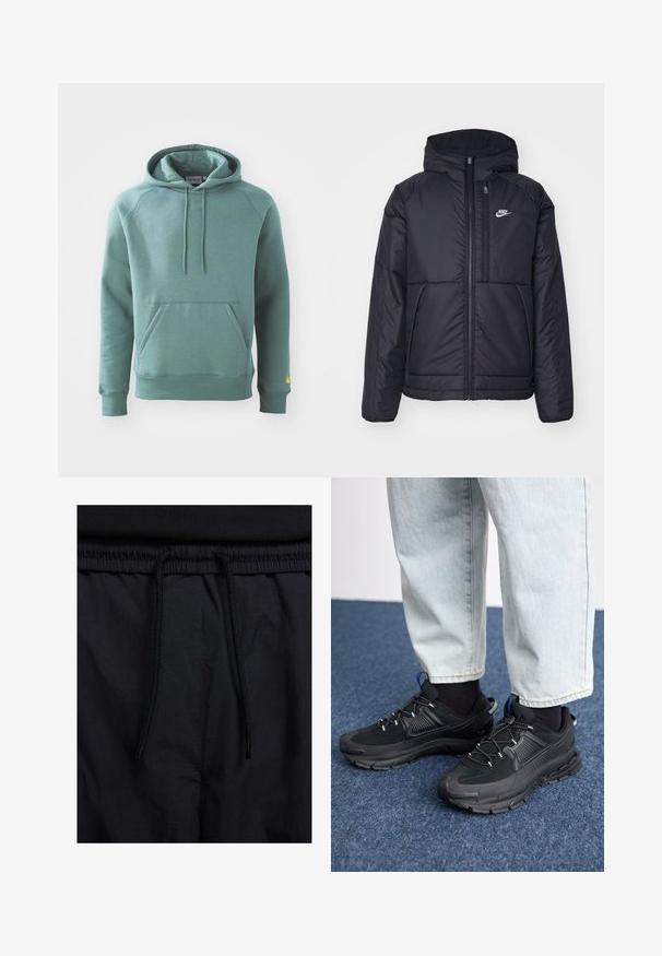 Jachetă Nike neagră, căptușită, cu fermoar pe față și glugă. Prezintă un logo alb pe pieptul stâng și două buzunare frontale. Textură exterioară netedă.; Hanorac verde din bumbac, cu buzunar tip kangaroo, glugă cu șnur și manșete ribbate. Prezintă un logo galben pe mâneca stângă.; Șorturi negre cu un brâu reglabil, dintr-un material ușor cu o textură netedă și un design simplu, fără logo-uri sau modele vizibile.; Pantofi sport negri, cu țesătură texturată și tălpi din cauciuc, având șireturi elastice și un accent albastru pe toc. Purtați cu pantaloni din denim deschis.