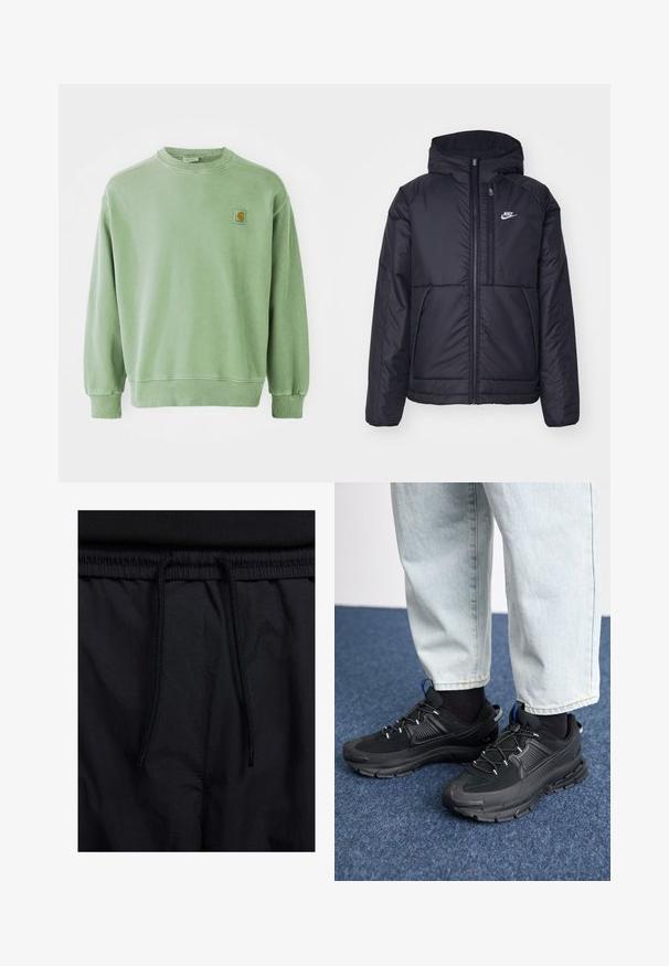 Giacca Nike nera, imbottita, con zip frontale e cappuccio. Presenta un logo bianco sul lato sinistro del petto e doppie tasche frontali. Texture esterna liscia.; Felpa verde chiaro in cotone, con collo rotondo, polsini a costine e una piccola patch con logo sul lato sinistro del petto. Texture morbida.; Shorts neri con vita regolabile tramite coulisse, tessuto leggero con una texture liscia e un design semplice senza loghi o motivi visibili.; Scarpe sportive nere con tessuto testurizzato e suole in gomma, dotate di lacci elastici e un accento blu sul tallone. Indossate con pantaloni in denim chiaro.