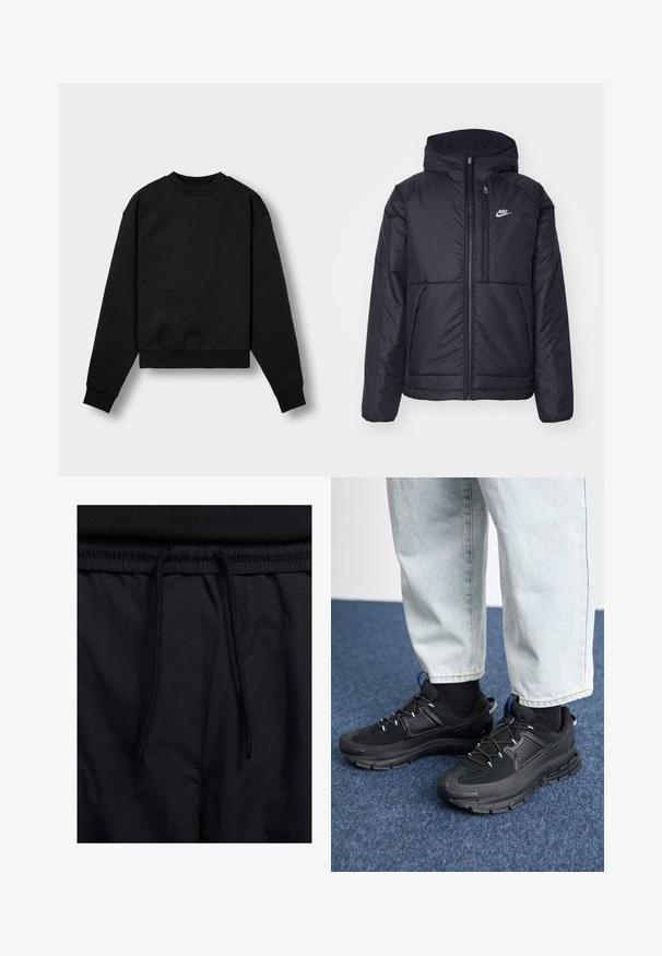 Giacca Nike nera, imbottita, con zip frontale e cappuccio. Presenta un logo bianco sul lato sinistro del petto e doppie tasche frontali. Texture esterna liscia.; Felpa nera cropped con maniche lunghe, scollo rotondo e polsini a coste. Caratterizzata da una morbida texture del tessuto e da un design minimalista.; Shorts neri con vita regolabile tramite coulisse, tessuto leggero con una texture liscia e un design semplice senza loghi o motivi visibili.; Scarpe sportive nere con tessuto testurizzato e suole in gomma, dotate di lacci elastici e un accento blu sul tallone. Indossate con pantaloni in denim chiaro.