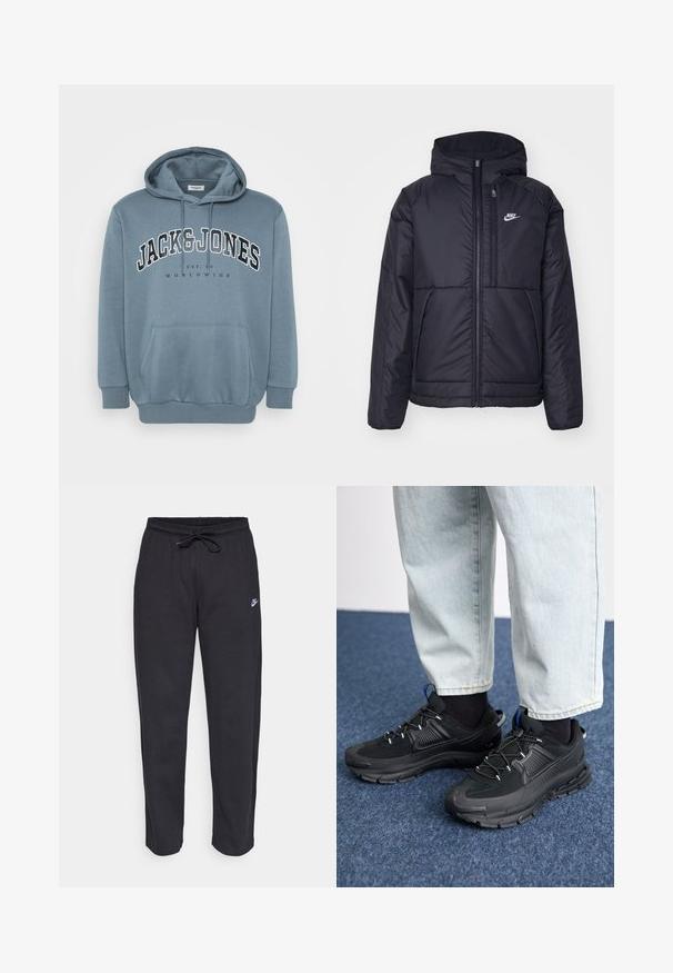 Black, padded Nike jacket with a front zipper and hood. Features a white logo on the left chest and dual front pockets. Smooth exterior texture.; Blue hoodie made of soft fabric featuring a front pocket, drawstring hood, and large text print that reads "JACK & JONES WORLDWIDE."; Black sweatpants made of soft fabric with an elastic waistband, drawstring, and a small Nike logo on the left thigh.; Black athletic shoes with textured fabric and rubber soles, featuring elastic laces and a blue accent on the heel. Worn with light denim pants.