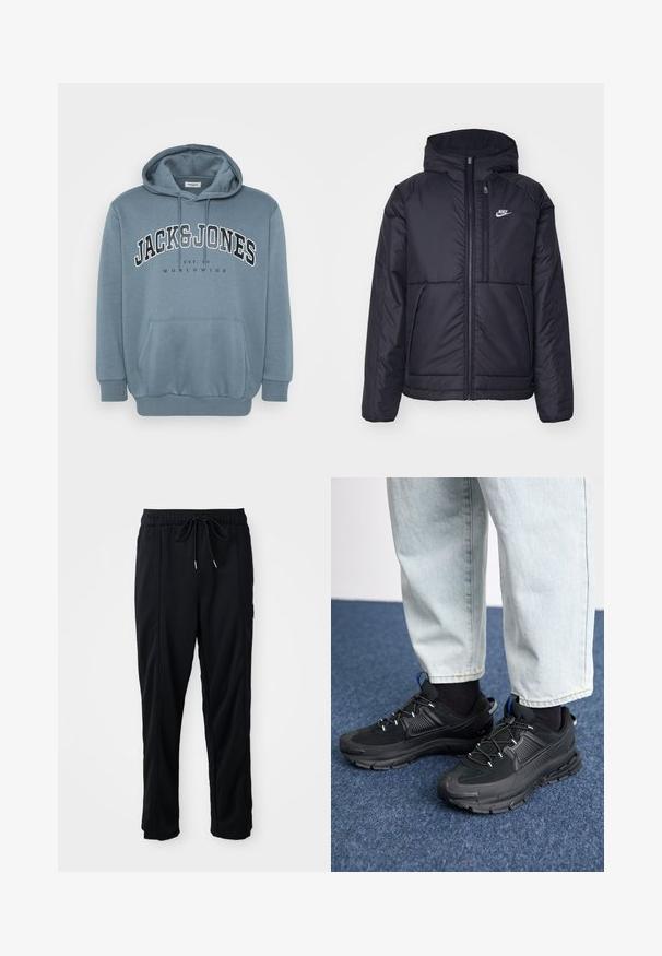 Črna, podložena Nike jakna z sprednjim zadrgo in kapuco. Ima bel logo na levem prsnem delu in dvojna sprednja žepa. Gladka zunanja tekstura.; Modra kapuca iz mehkega materiala z sprednjim žepom, kapuco na vezanje in velikim tiskom, ki pravi "JACK & JONES WORLDWIDE."; Črne casual hlače z vrvico v pasu, s stranskimi žepi in ravnim rezom na enobarvni podlagi.; Črne športne čevlje z teksturirano tkanino in gumijastimi podplati, ki imajo elastične vezalke ter modre poudarke na peti. Nosi se z lahkimi denim hlačami.