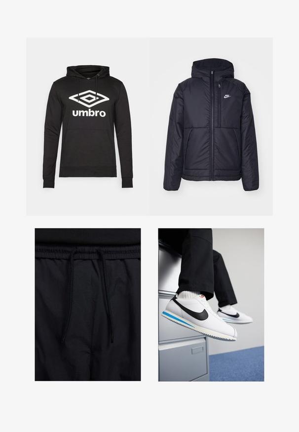 Fekete, párnázott Nike dzseki elülső cipzárral és kapucnival. A bal mellen fehér logó található, valamint két elülső zseb. Simának tűnő külső felület.; Fekete kapucnis pulóver elülső zsebből és húzózsinórokból, amelyen egy nagy fehér gyémántlogó és "umbro" felirat található a mellrészen. Sima szövetfelület.; Fekete rövidnadrág, húzózsinórral ellátott derékrésszel, könnyű anyagból, sima felszínen, egyszerű dizájnnal, látható logók vagy minták nélkül.; Fehér bőr sportcipő fekete Nike logóval, világoskék és szürke gumitalppal, valamint klasszikus fűzős kialakítással. A lábak egy iratmegőrző szekrényen pihennek.