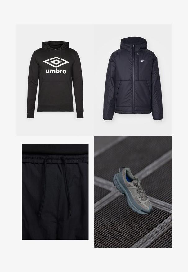 Crna Nike jakna s podstavom, dugmadi sprijeda i kapuljačom. Ima bijeli logotip na lijevoj strani prsnog koša i dva prednja džepa. Glatka vanjska tekstura.; Crna dukserica s kapuljačom, prednjim džepom i podebljanim vezicama, sa velikim bijelim dijamantnim logotipom i tekstom "umbro" na prsima. Glatka tekstura tkanine.; Crne kratke hlače s pojasom na vezanje, lagani materijal s glatkom teksturom i jednostavan dizajn bez vidljivih logotipa ili uzoraka.; Bež i sivi sportski tenisice s teksturiranim mrežastim gornjim dijelom, zaobljenim vrhom i gumenom potplatom, s vezicama i podstavljenim ovratnikom.