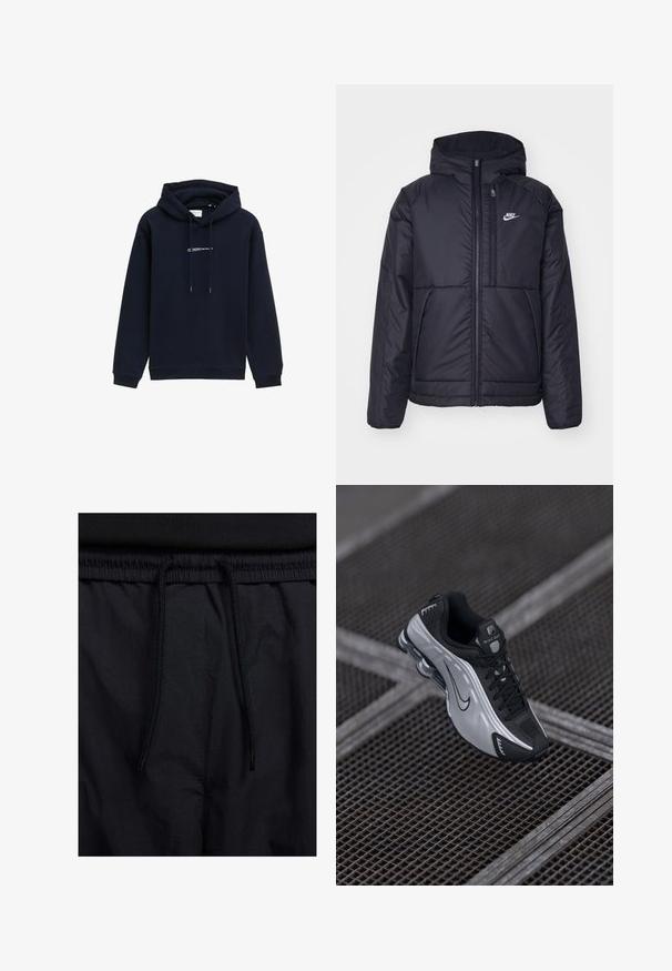 Melna, pufota Nike jaka ar priekšējo rāvējslēdzēju un kapuci. Iezīmēta ar baltu logotipu uz kreisās krūtis un divām priekšējām kabatām. Gluda ārējā tekstūra.; Tumši zili kapuču izgatavota no mīksta auduma, ar kapuci, kuru var pievilkt ar auklu, ribota apakšmala un drukātu logo uz krūtīm.; Melni šorti ar sašūtu jostu, viegls audums ar gludu tekstūru un vienkāršs dizains bez redzamiem logotipiem vai paraugiem.; Nike sporta apavi ar melnu un sudraba dizainu. Izgatavoti no sintētiskā materiāla ar sieta akcentiem un atbalstošu zoli ar redzamu gaisa amortizāciju.