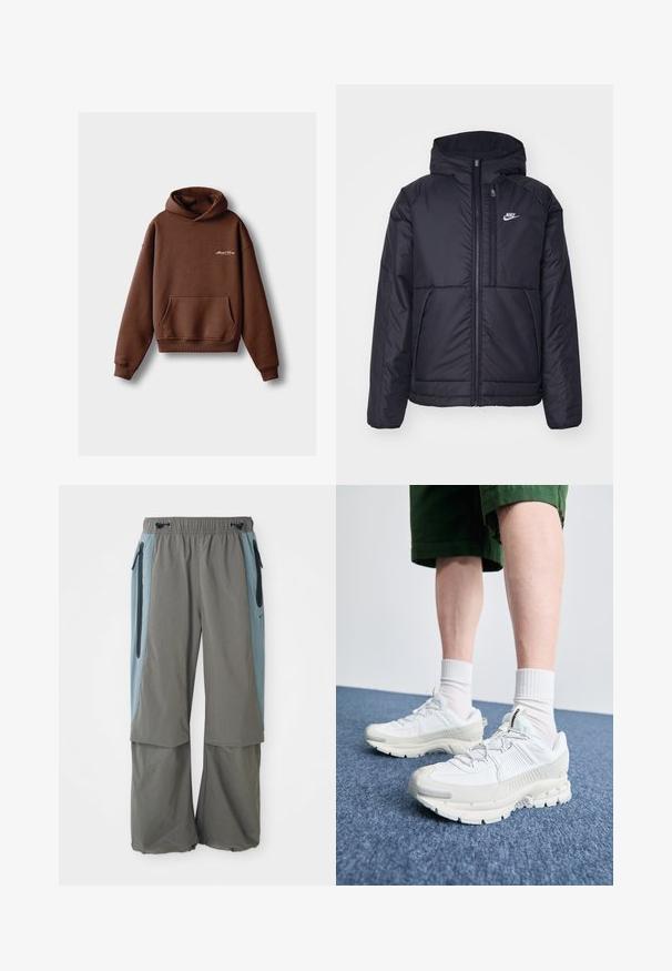 Casaco Nike preto, acolchoado, com fecho à frente e capuz. Apresenta um logo branco no lado esquerdo do peito e dois bolsos frontais. Textura exterior lisa.; Sweatshirt castanho feito de tecido suave, com um bolso frontal, punhos canelados e um capuz com cordão. Inclui marcação bordada em branco.; Calças de exterior cinzentas com um design de pernas largas, apresentando painéis laterais azul-escuro e bolsos com fecho éclair. Feitas de material leve e respirável.; Sapatos atléticos brancos com sobreposições texturizadas, sola espessa e detalhes em cinza. Usados com meias brancas até ao tornozelo e calções verdes sobre uma superfície azul.