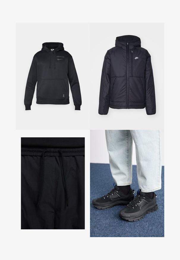 Crna Nike jakna s podstavom, dugmadi sprijeda i kapuljačom. Ima bijeli logotip na lijevoj strani prsnog koša i dva prednja džepa. Glatka vanjska tekstura.; Crna Nike dukserica s kapuljačom i vezicom, logotipom na prsima, kenguruvim džepom, rebrastim manžetama i donjim rubom, izrađena od mekane, glatke tkanine.; Crne kratke hlače s pojasom na vezanje, lagani materijal s glatkom teksturom i jednostavan dizajn bez vidljivih logotipa ili uzoraka.; Crne atletske cipele s teksturiranom tkaninom i gumene potplate, s elastičnim vezicama i plavim akcentom na peti. Nosene su s svijetlim trapericama.