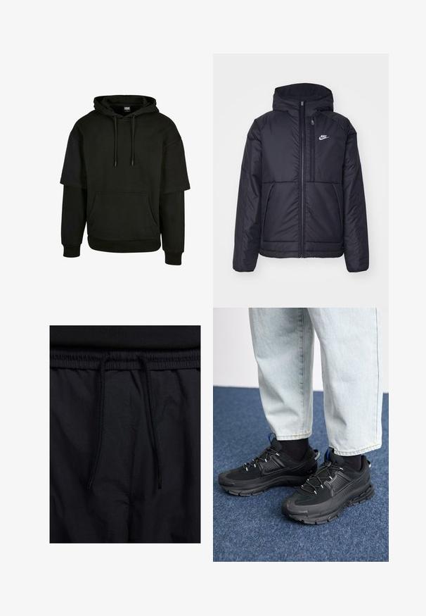 Crna Nike jakna s podstavom, dugmadi sprijeda i kapuljačom. Ima bijeli logotip na lijevoj strani prsnog koša i dva prednja džepa. Glatka vanjska tekstura.; Crna majica s kapuljačom koja ima džep za kengure, vezicu za kapuljaču i kratke rukave s produženim dizajnerskim elementima. Izrađena od mekog, teksturiranog materijala.; Crne kratke hlače s pojasom na vezanje, lagani materijal s glatkom teksturom i jednostavan dizajn bez vidljivih logotipa ili uzoraka.; Crne atletske cipele s teksturiranom tkaninom i gumene potplate, s elastičnim vezicama i plavim akcentom na peti. Nosene su s svijetlim trapericama.