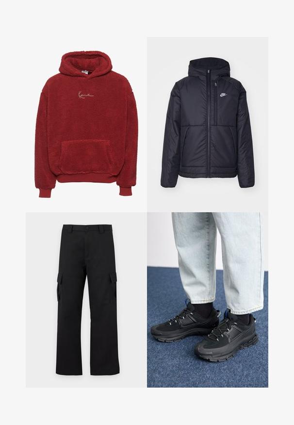 Juodas, paminkštintas Nike džemperis su priekyje užtrauktuku ir gobtuvu. Pasižymi balta logo kairėje krūtinės pusėje ir dviem priekinėmis kišenėmis. Su lygiu išoriniu paviršiumi.; Raudonas flisinis džemperis su tekstūruota paviršiumi, priekyje esančia kišenė ir suvarstoma kapuca. Pakabintas auksinis siuvinėjimas ant krūtinės.; Juodi cargo kelnės su tiesiu kojų dizainu. Pagamintos iš tvirto audinio, turi dvi šonines kišenes su užsegamais dangteliais ir mygtukų užtrauktuką.; Juodi sportiniai bateliai su tekstūruota medžiaga ir guminiais padais, su elastingomis raišteliais ir mėlynu akcentu ant kulno. Dėvimi su šviesiai mėlynomis džinsinėmis kelnėmis.