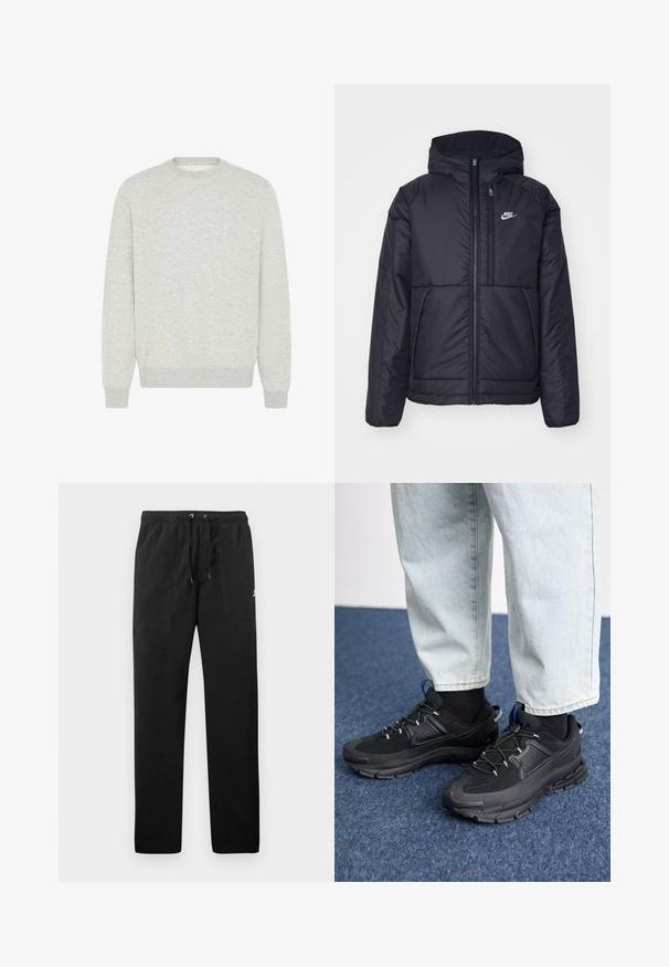 Zwarte, gewatteerde Nike-jas met een voorkant met ritssluiting en capuchon. Kenmerkt zich door een wit logo op de linkerborst en dubbele frontzakken. Gladde buitenkant.; Lichtgrijze sweatshirt gemaakt van zachte stof, met een ronde hals, lange mouwen, geribbelde manchetten en een eenvoudig ontwerp zonder patronen of accenten.; Zwarte sweatpants van fleece, met een elastische tailleband met trekkoorden, twee voorzakken en een klein logo op de dij.; Zwarte sportschoenen met gestructureerde stof en rubberen zolen, met elastische veters en een blauwe accent op de hiel. Draag samen met lichte spijkerbroeken.