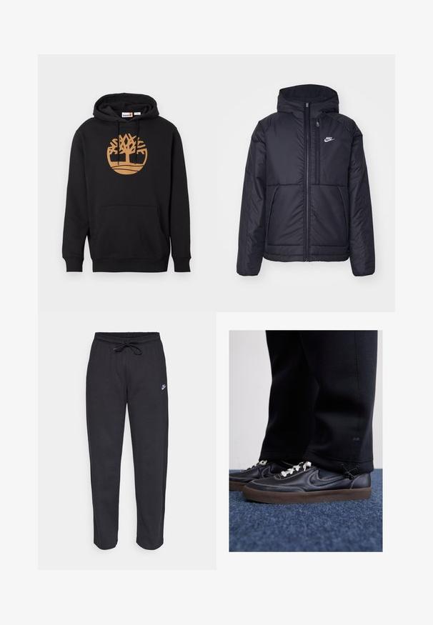 Fekete, párnázott Nike dzseki elülső cipzárral és kapucnival. A bal mellen fehér logó található, valamint két elülső zseb. Simának tűnő külső felület.; Fekete kapucnis sweatshirt, pamutból készült, elöl egy nagy barna fa logóval, elülső zsebével és húzózsinórral ellátott kapucnival. Sima tapintású.; Fekete, puha anyagból készült melegítőnadrág, rugalmas derékkal, húzózsinórral és egy kis Nike logóval a bal combján.; Nike Sportswear KILLSHOT 2 LTR PRM OPP2 - Sportcipő - black sail baroque brown mtlc dk grey