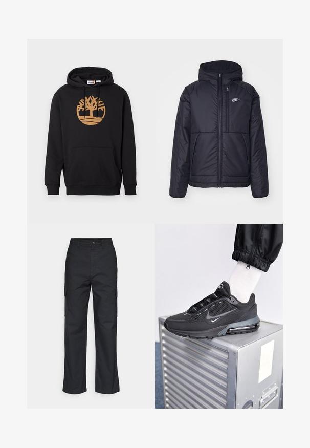 Černá zateplená bunda Nike s předním zipem a kapucí. Na levé straně hrudi má bílé logo a dvojité přední kapsy. Hladký povrch.; Černá mikina s kapucí vyrobená z bavlny, s velkým hnědým logem stromu na přední straně, přední kapsou a kapucí se stahovací šňůrkou. Hladká textura.; Černé cargo kalhoty se střihem rovného nohavic, vybavené bočními kapsami a texturovanou tkaninou. Zapínání na knoflík v pase pro bezpečné nošení.; Nike Sportswear PULSE - Tenisky - black/anthracite