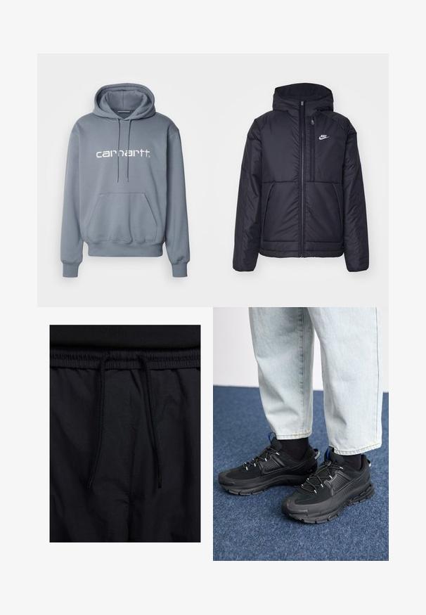 Čierna, polstrovaná bunda Nike so zipsom vpredu a kapucňou. Na ľavej strane hrude sa nachádza biele logo a sú tu dva predné vrecká. Hladký vonkajší povrch.; Carhartt WIP HOODED - Mikina s kapucňou - dove grey/wax; Čierne šortky s pásom na stiahnutie, z ľahkej látky s hladkou textúrou a jednoduchým dizajnom bez viditeľných log alebo vzorov.; Čierne športové topánky s textúrovanou tkaninou a gumovou podrážkou, so elastickými šnúrkami a modrým akcentom na päte. Nosia sa s svetlými riflami.