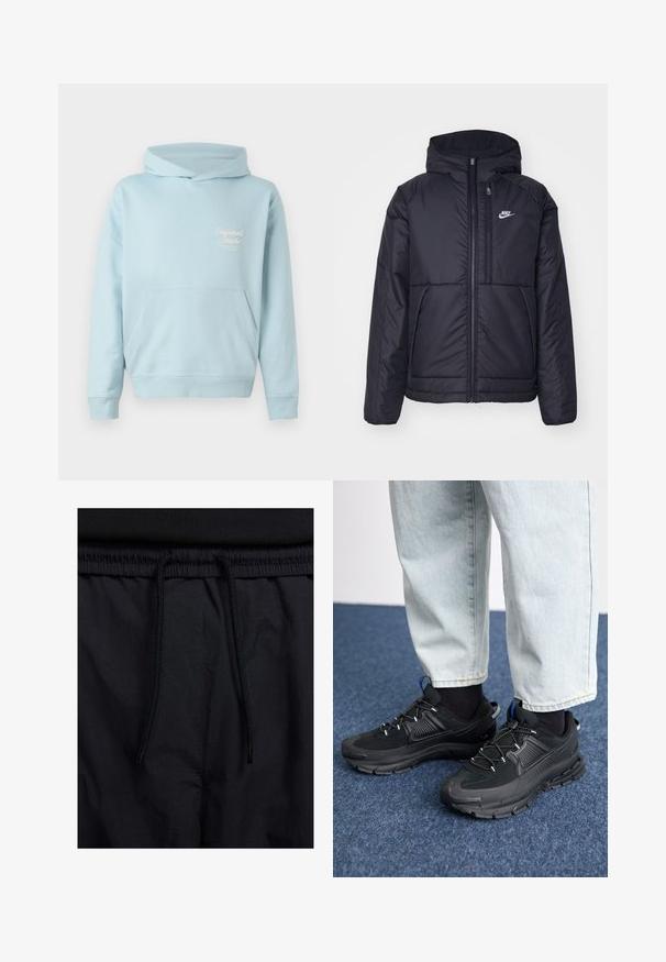 Black, padded Nike jacket with a front zipper and hood. Features a white logo on the left chest and dual front pockets. Smooth exterior texture.; Light blue hoodie featuring a front pocket, ribbed cuffs, and an embroidered logo on the chest. Soft fabric and relaxed fit design.; Black shorts featuring a drawstring waistband, lightweight fabric with a smooth texture, and a simple design without visible logos or patterns.; Black athletic shoes with textured fabric and rubber soles, featuring elastic laces and a blue accent on the heel. Worn with light denim pants.