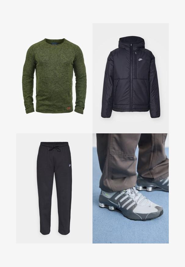 Svart, polstret Nike-jakke med frontglidelås og hette. Har en hvit logo på venstre bryst og doble frontlommer. Glatt ytterside.; Grønn genser laget av teksturert strikket stoff, med rund hals, lange ermer, og et lite brunt logo-merke nederst foran.; Sorte sweatpants laget av mykt stoff med elastisk midjebånd, snøring og en liten Nike-logo på venstre lår.; Grå og sølv Nike Shox-sneakers har et slankt design, med mesh- og syntetiske materialer, en rund tå og en polstret krage.