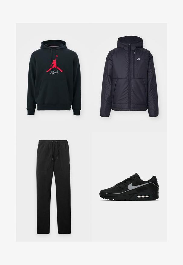 Svart, vadderad Nike-jacka med dragkedja framtill och huva. Har en vit logotyp på vänster bröst och dubbla framfickor. Slät yttextur.; Svart hoodie i bomull med en framficka. Har en röd Jumpman-logotyp och "Flight"-text i vitt under den. Pullover-stil med huva och dragsko.; Svarta sweatpants i fleece, med resårmidja och dragsko, två framfickor och en liten logotyp på låret.; Nike Air Max 90-sneakers i svart med grå accenter. Har texturerad tyg, vadderad krage och synlig luftkuddar i sulan.