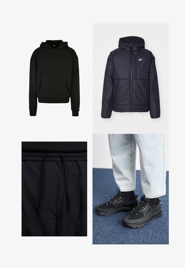 Crna Nike jakna s podstavom, dugmadi sprijeda i kapuljačom. Ima bijeli logotip na lijevoj strani prsnog koša i dva prednja džepa. Glatka vanjska tekstura.; Crna dukserica s kapuljačom od mekanog materijala, s prednjim džepom, rebrastim manžetama i opuštenim krojem.; Crne kratke hlače s pojasom na vezanje, lagani materijal s glatkom teksturom i jednostavan dizajn bez vidljivih logotipa ili uzoraka.; Crne atletske cipele s teksturiranom tkaninom i gumene potplate, s elastičnim vezicama i plavim akcentom na peti. Nosene su s svijetlim trapericama.