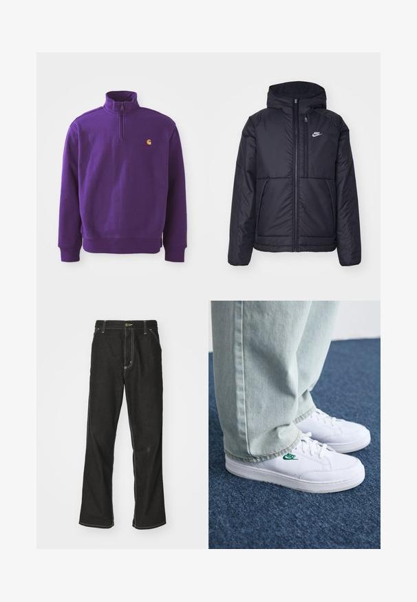 Fekete, párnázott Nike dzseki elülső cipzárral és kapucnival. A bal mellen fehér logó található, valamint két elülső zseb. Simának tűnő külső felület.; Lila pulóver félcipzárral a nyakán, bordázott mandzsettákkal és aljjal. A mellkason egy kis narancssárga logó található. Pamut anyag, sima felülettel.; Fekete farmernadrág laza szabással, kontrasztos fehér varrással, gombos záródással és egyenes lábmegoldással.; Fehér bőr sportcipők zöld Nike logóval, kerek orral, lapos talppal, világoskék farmernadrággal párosítva, kék szőnyegen bemutatva.