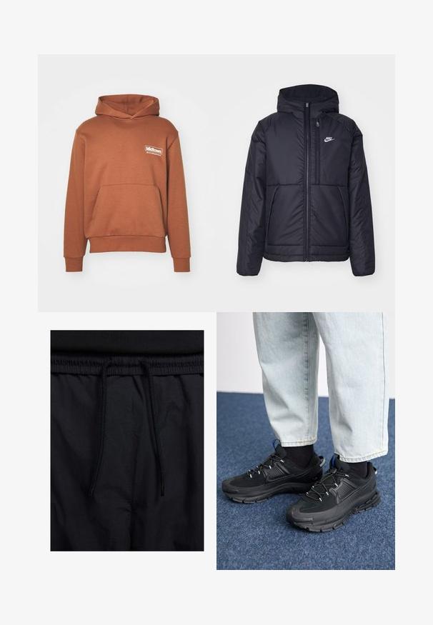 Črna, podložena Nike jakna z sprednjim zadrgo in kapuco. Ima bel logo na levem prsnem delu in dvojna sprednja žepa. Gladka zunanja tekstura.; Rjava kapuca iz mehkega blaga, z kengurujskim žepom in kapuco. Tiskan logotip na levem prsnem predelu v beli barvi.; Črne kratke hlače z vrvico v pasu, lahkotna tkanina z gladko teksturo in preprosto zasnovo brez vidnih logotipov ali vzorcev.; Črne športne čevlje z teksturirano tkanino in gumijastimi podplati, ki imajo elastične vezalke ter modre poudarke na peti. Nosi se z lahkimi denim hlačami.