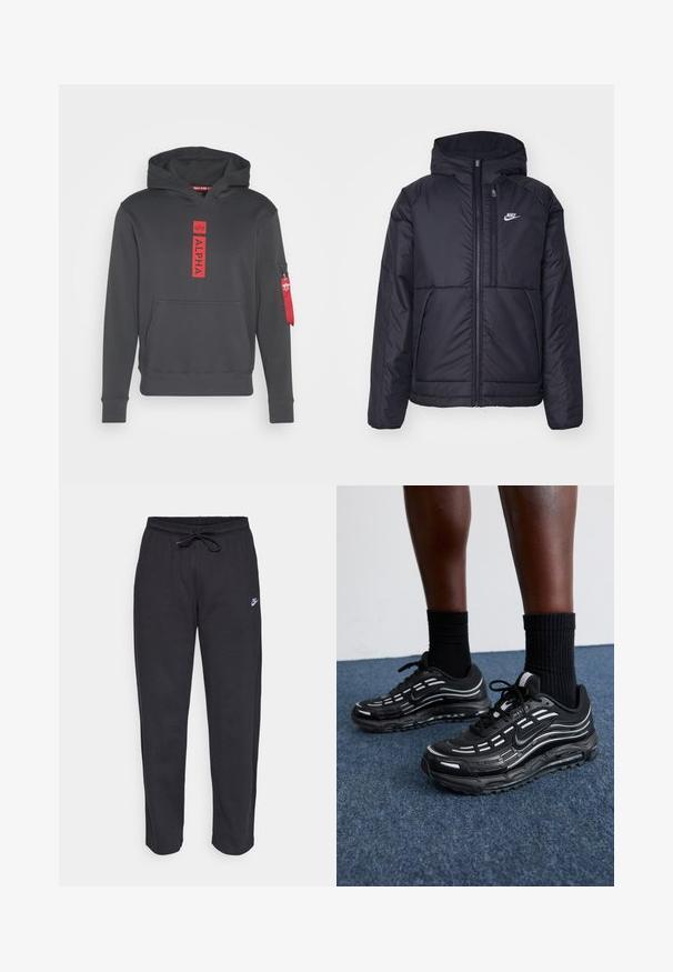 Melna, pufota Nike jaka ar priekšējo rāvējslēdzēju un kapuci. Iezīmēta ar baltu logotipu uz kreisās krūtis un divām priekšējām kabatām. Gluda ārējā tekstūra.; Tumši pelēks kapuce ar izteiktu sarkano "ALPHA" logotipu, priekšējo kabatu un sānu piedurknes kabatu ar sarkanu cilpiņu un rāvējslēdzēju.; Melnas sporta bikses, kas izgatavotas no mīksta auduma, ar elastīgu jostu, auklu un mazu Nike logo uz kreisā augšstilba.; Melni Nike apavi ar sietveida augšdaļu, akcentējošām svītrām, teksturētām šņorēm un melnu gumijas zoli. Valkāti ar melniem ribota auduma zeķēm.