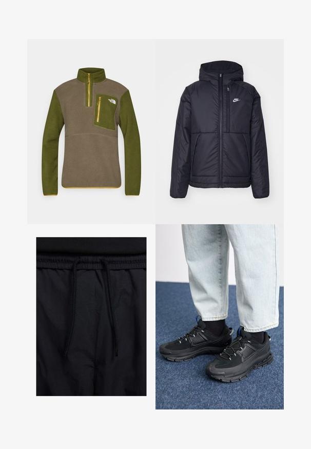 Crna Nike jakna s podstavom, dugmadi sprijeda i kapuljačom. Ima bijeli logotip na lijevoj strani prsnog koša i dva prednja džepa. Glatka vanjska tekstura.; Fleecasta majica u maslinasto zelenoj i smeđoj boji, s polu patentnim zatvaračem, džepom na prsima s žutim patentnim zatvaračem i logom na gornjem lijevom dijelu.; Crne kratke hlače s pojasom na vezanje, lagani materijal s glatkom teksturom i jednostavan dizajn bez vidljivih logotipa ili uzoraka.; Crne atletske cipele s teksturiranom tkaninom i gumene potplate, s elastičnim vezicama i plavim akcentom na peti. Nosene su s svijetlim trapericama.