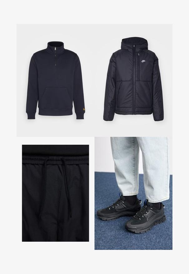 Crna Nike jakna s podstavom, dugmadi sprijeda i kapuljačom. Ima bijeli logotip na lijevoj strani prsnog koša i dva prednja džepa. Glatka vanjska tekstura.; Pulover u tamnoplavoj boji s visokim ovratnikom i polu zatvaračem, sa prednjim kengur džepom i rebrastim manžetama.; Crne kratke hlače s pojasom na vezanje, lagani materijal s glatkom teksturom i jednostavan dizajn bez vidljivih logotipa ili uzoraka.; Crne atletske cipele s teksturiranom tkaninom i gumene potplate, s elastičnim vezicama i plavim akcentom na peti. Nosene su s svijetlim trapericama.