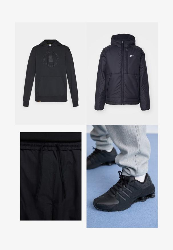 Casaco Nike preto, acolchoado, com fecho à frente e capuz. Apresenta um logo branco no lado esquerdo do peito e dois bolsos frontais. Textura exterior lisa.; C sweatshirt preto com um bolso frontal, capuz com cordão e o logótipo circular "Nike Court" em relevo no peito. Apresenta uma etiqueta colorida na bainha.; Calções pretos com um cós elástico ajustável, fabricados em tecido leve com uma textura suave e um design simples, sem logótipos ou padrões visíveis.; Pessoa vestindo tênis Nike Shox pretos e calças de moletom cinzas, de pé em um tapete azul claro.
