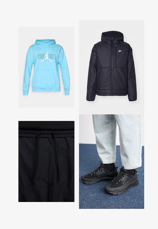 Črna, podložena Nike jakna z sprednjim zadrgo in kapuco. Ima bel logo na levem prsnem delu in dvojna sprednja žepa. Gladka zunanja tekstura.; Svetlo modra kapuca s sprednjim žepom, ki vsebuje bel grafični logotip in črno besedilo. Mehka tkanina in standardna kroj.; Črne kratke hlače z vrvico v pasu, lahkotna tkanina z gladko teksturo in preprosto zasnovo brez vidnih logotipov ali vzorcev.; Črne športne čevlje z teksturirano tkanino in gumijastimi podplati, ki imajo elastične vezalke ter modre poudarke na peti. Nosi se z lahkimi denim hlačami.