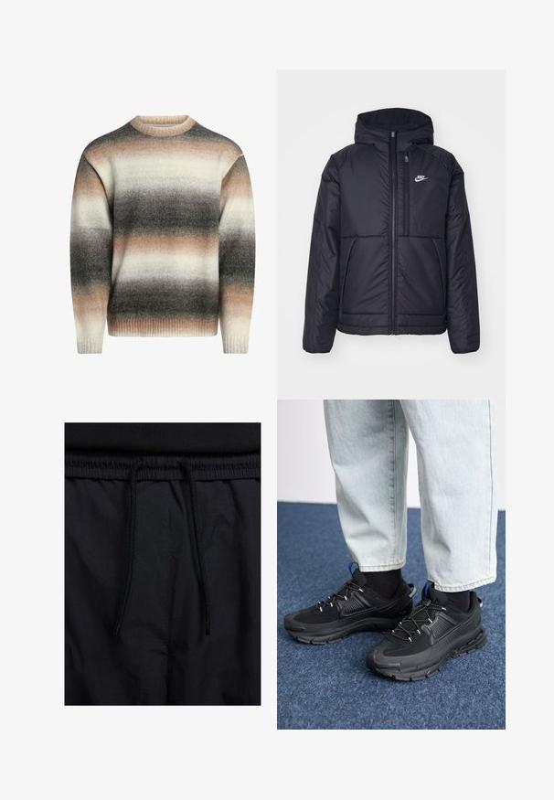 Čierna, polstrovaná bunda Nike so zipsom vpredu a kapucňou. Na ľavej strane hrude sa nachádza biele logo a sú tu dva predné vrecká. Hladký vonkajší povrch.; Pletený sveter s okrúhlym výstrihom, rebrovými manžetami a gradientným vzorom v krémovej, béžovej a sivej farbe. Mäkká textura a voľný strih.; Čierne šortky s pásom na stiahnutie, z ľahkej látky s hladkou textúrou a jednoduchým dizajnom bez viditeľných log alebo vzorov.; Čierne športové topánky s textúrovanou tkaninou a gumovou podrážkou, so elastickými šnúrkami a modrým akcentom na päte. Nosia sa s svetlými riflami.
