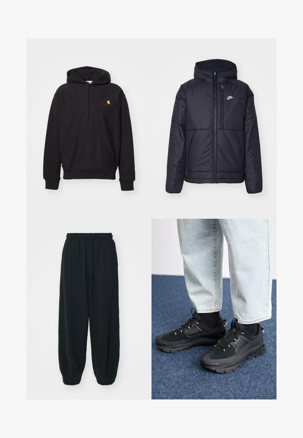 Veste Nike noire rembourrée avec une fermeture éclair sur le devant et une capuche. Elle présente un logo blanc sur la poitrine gauche et deux poches avant. Texture extérieure lisse.; Hoodie noir en tissu mélangé coton avec une poche avant, capuche à cordon de serrage, et logo brodé rouge avec un arc jaune.; Pantalons de survêtement noirs avec taille élastiquée, coupe ample, chevilles côtelées, texture lisse et sans motifs ni accents matériels visibles.; Des chaussures de sport noires avec un tissu texturé et des semelles en caoutchouc, dotées de lacets élastiques et d'un accent bleu au talon. Portées avec un pantalon en denim clair.