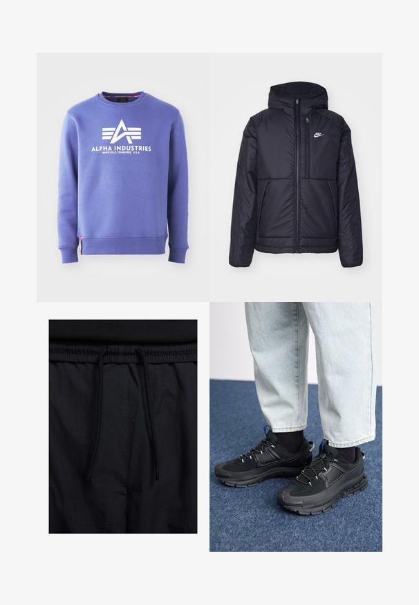 Casaco Nike preto, acolchoado, com fecho à frente e capuz. Apresenta um logo branco no lado esquerdo do peito e dois bolsos frontais. Textura exterior lisa.; Sweatshirt roxa feita de algodão, com um logo branco "ALPHA INDUSTRIES" e riscas horizontais. Punhos e bainha canelados com detalhe de etiqueta.; Calções pretos com um cós elástico ajustável, fabricados em tecido leve com uma textura suave e um design simples, sem logótipos ou padrões visíveis.; Sapatilhas desportivas pretas com tecido texturizado e solas em borracha, apresentando atacadores elásticos e um detalhe azul no calcanhar. Usadas com calças de ganga claras.