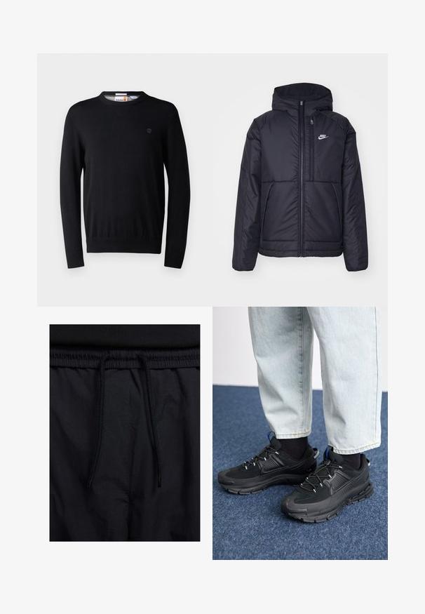 Czarna, pikowana kurtka Nike z przednim zamkiem błyskawicznym i kapturem. Posiada białe logo po lewej stronie klatki piersiowej oraz podwójne kieszenie z przodu. Gładka struktura zewnętrzna.; Czarny sweter z dzianiny z okrągłym dekoltem, długimi rękawami, ściągaczami u rękawów i u dołu, oraz małym logo na piersi. Miękka tekstura.; Czarne szorty z elastycznym paskiem na sznurku, lekkiego materiału o gładkiej fakturze oraz prostym wzornictwie bez widocznych logo czy wzorów.; Czarne buty sportowe z teksturowanej tkaniny i gumowymi podeszwami, z elastycznymi sznurówkami i niebieskim akcentem na pięcie. Noszone z jasnymi dżinsami.