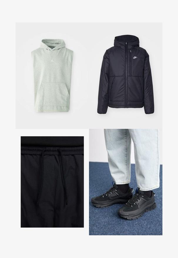 Čierna, polstrovaná bunda Nike so zipsom vpredu a kapucňou. Na ľavej strane hrude sa nachádza biele logo a sú tu dva predné vrecká. Hladký vonkajší povrch.; Bez rukávov, šedá mikina s kapucňou vyrobená z mäkkého materiálu, s prednou vreckom a malým bielym logom Jumpman na hrudi.; Čierne šortky s pásom na stiahnutie, z ľahkej látky s hladkou textúrou a jednoduchým dizajnom bez viditeľných log alebo vzorov.; Čierne športové topánky s textúrovanou tkaninou a gumovou podrážkou, so elastickými šnúrkami a modrým akcentom na päte. Nosia sa s svetlými riflami.