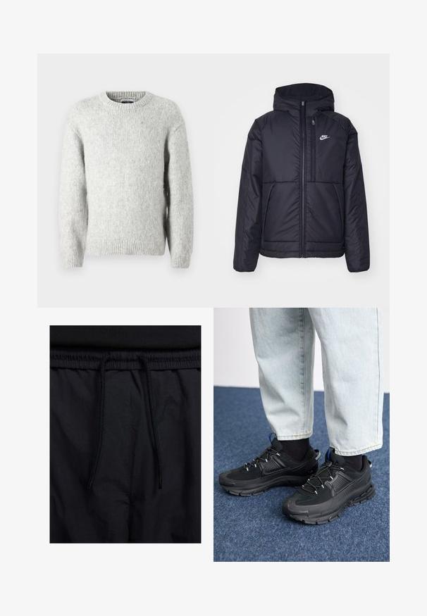 Veste Nike noire rembourrée avec une fermeture éclair sur le devant et une capuche. Elle présente un logo blanc sur la poitrine gauche et deux poches avant. Texture extérieure lisse.; Jack & Jones JCOREFLEX FUZZY CREW NECK - Pullover - light grey melange; Shorts noirs avec un élastique à cordon de serrage, en tissu léger avec une texture lisse, et un design simple sans logos ni motifs visibles.; Des chaussures de sport noires avec un tissu texturé et des semelles en caoutchouc, dotées de lacets élastiques et d'un accent bleu au talon. Portées avec un pantalon en denim clair.
