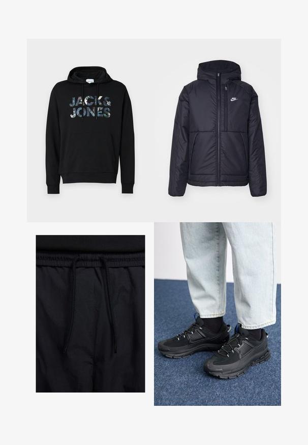 Black, padded Nike jacket with a front zipper and hood. Features a white logo on the left chest and dual front pockets. Smooth exterior texture.; Black hoodie with a drawstring hood. Features a large, patterned "JACK & JONES" logo on the front. Material appears soft with a smooth texture.; Black shorts featuring a drawstring waistband, lightweight fabric with a smooth texture, and a simple design without visible logos or patterns.; Black athletic shoes with textured fabric and rubber soles, featuring elastic laces and a blue accent on the heel. Worn with light denim pants.