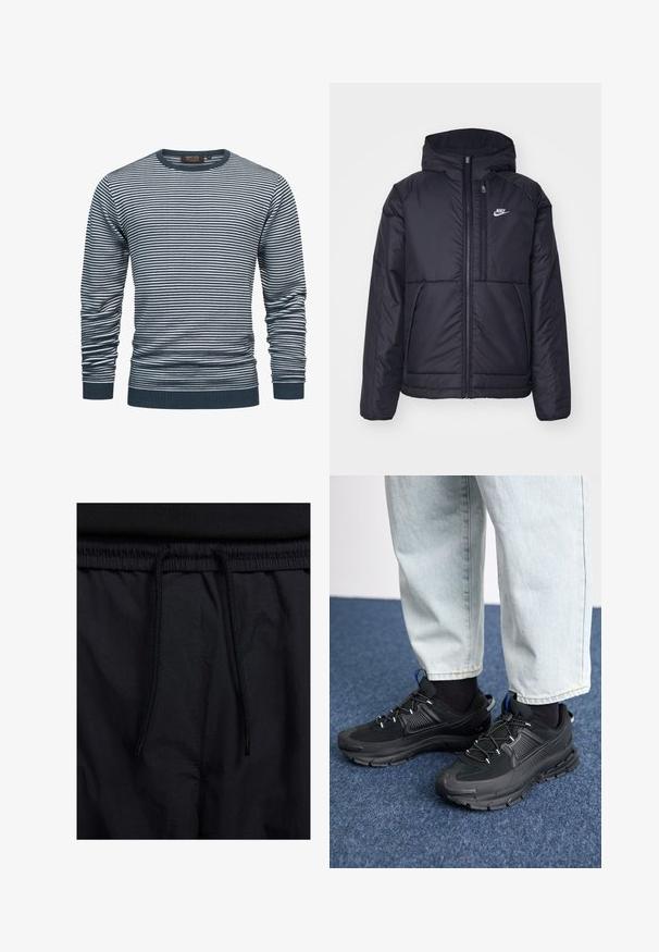 Svart, polstret Nike-jakke med frontglidelås og hette. Har en hvit logo på venstre bryst og doble frontlommer. Glatt ytterside.; Stripet langermet skjorte i marineblå og hvit, med ribbestrikket hals og mansjetter. Stoffet er mykt, med horisontale striper over hele.; Sorte shorts med snor i livet, lett stoff med en jevn tekstur, og et enkelt design uten synlige logoer eller mønstre.; Svarte sportssko med teksturert stoff og gummisåler, med elastiske lisser og en blå detalj på hælen. Brukt med lyse denimbukser.