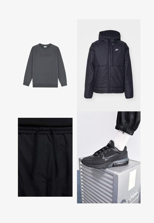 Schwarze, gepolsterte Nike-Jacke mit Frontreißverschluss und Kapuze. Hat ein weißes Logo auf der linken Brust und zwei Fronttaschen. Glattes äußeres Material.; Scalpers PATCH - Sweatshirt - anthracite; Schwarze Shorts mit einem Kordelzugbund, leichtem Stoff mit glatter Textur und einem schlichten Design ohne sichtbare Logos oder Muster.; Nike Sportswear PULSE - Sneaker low - black/anthracite