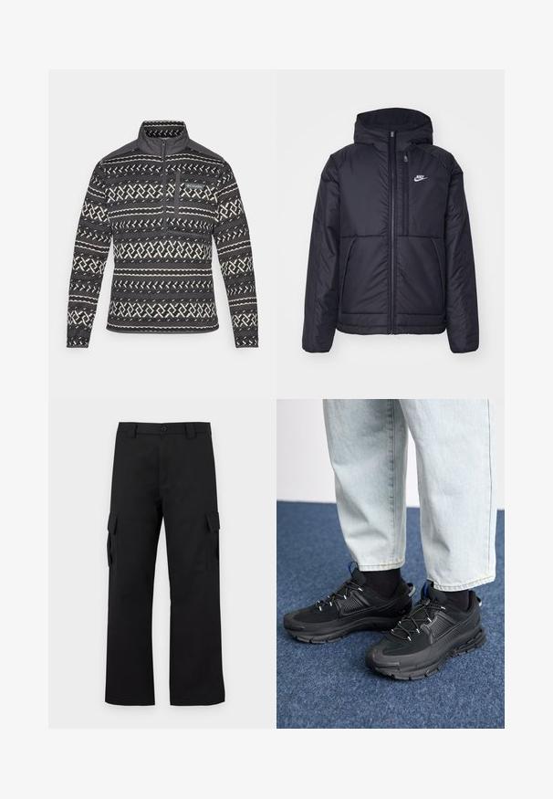 Zwarte, gewatteerde Nike-jas met een voorkant met ritssluiting en capuchon. Kenmerkt zich door een wit logo op de linkerborst en dubbele frontzakken. Gladde buitenkant.; Zwart-wit gestreepte fleecetop met een kwart-rits kraag, voorzien van een borstzak en een gestructureerd oppervlak. Merkenlogo op de voorkant.; Zwarte cargobroek met een recht gesneden ontwerp. Gemaakt van duurzaam materiaal, met twee zijzakken met klep en een knoopsluiting.; Zwarte sportschoenen met gestructureerde stof en rubberen zolen, met elastische veters en een blauwe accent op de hiel. Draag samen met lichte spijkerbroeken.