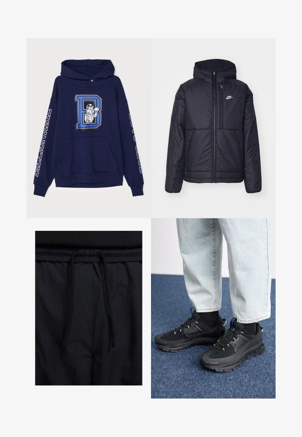 Black, padded Nike jacket with a front zipper and hood. Features a white logo on the left chest and dual front pockets. Smooth exterior texture.; Navy blue hoodie made of cotton, featuring a large graphic of a character and letter "D." Includes a front pocket and white text on sleeves.; Black shorts featuring a drawstring waistband, lightweight fabric with a smooth texture, and a simple design without visible logos or patterns.; Black athletic shoes with textured fabric and rubber soles, featuring elastic laces and a blue accent on the heel. Worn with light denim pants.