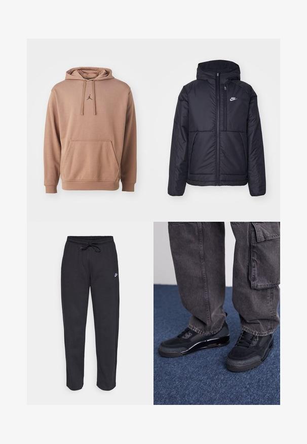 Svart, polstret Nike-jakke med frontglidelås og hette. Har en hvit logo på venstre bryst og doble frontlommer. Glatt ytterside.; Jordan Hoodie - archaeo brown black; Sorte sweatpants laget av mykt stoff med elastisk midjebånd, snøring og en liten Nike-logo på venstre lår.; Svarte joggesko med teksturert overflate, glatte detaljer og en kraftig såle, kombinert med mørke, løstsittende cargo-bukser.