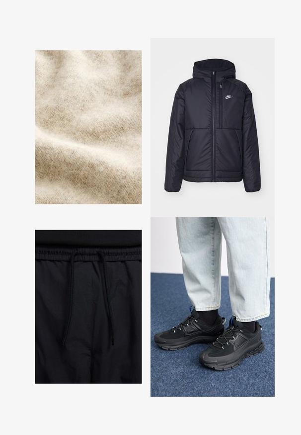 Fekete, párnázott Nike dzseki elülső cipzárral és kapucnival. A bal mellen fehér logó található, valamint két elülső zseb. Simának tűnő külső felület.; Világos bézs gyapjú szövet, puha, bolyhos textúrával, finom halszálka mintával és enyhe színelmélyedésekkel.; Fekete rövidnadrág, húzózsinórral ellátott derékrésszel, könnyű anyagból, sima felszínen, egyszerű dizájnnal, látható logók vagy minták nélkül.; Fekete sportcipők texturált anyaggal és gumitalppal, elasztikus fűzőkkel és kék kiegészítővel a saroknál. Világos farmernadrággal viselve.