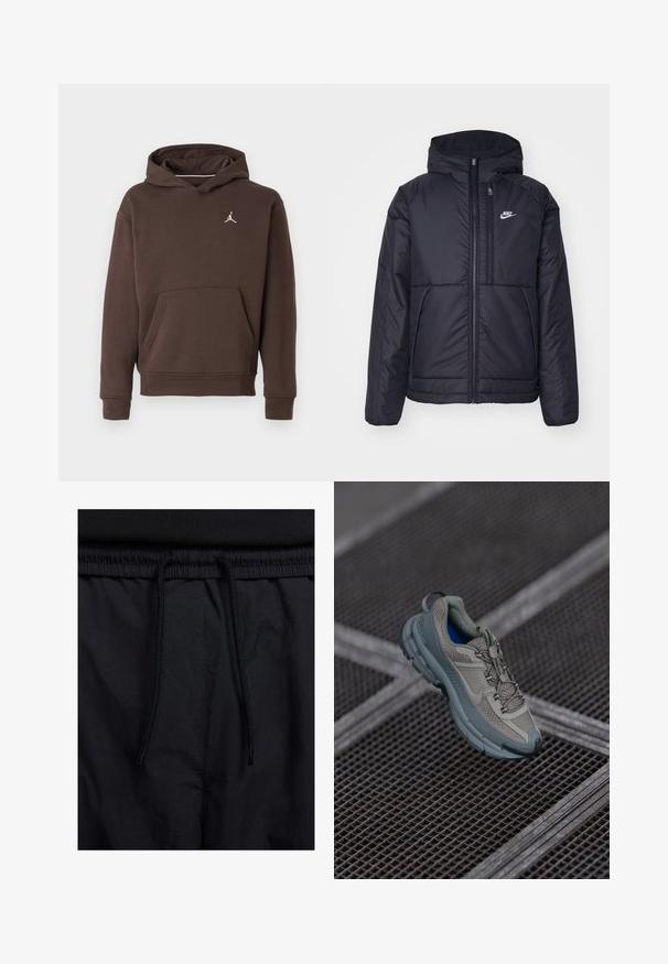 Čierna, polstrovaná bunda Nike so zipsom vpredu a kapucňou. Na ľavej strane hrude sa nachádza biele logo a sú tu dva predné vrecká. Hladký vonkajší povrch.; Hnedá mikina s kapucňou a predným klokanym vreckom, s malým bielym logom Jumpman na hrudi.; Čierne šortky s pásom na stiahnutie, z ľahkej látky s hladkou textúrou a jednoduchým dizajnom bez viditeľných log alebo vzorov.; Béžová a šedá športová obuv s textúrovaným sieťovaným zvrškom, okrúhlou špičkou a gumovou podrážkou, vybavená šnúrkami a polstrovaným golierom.