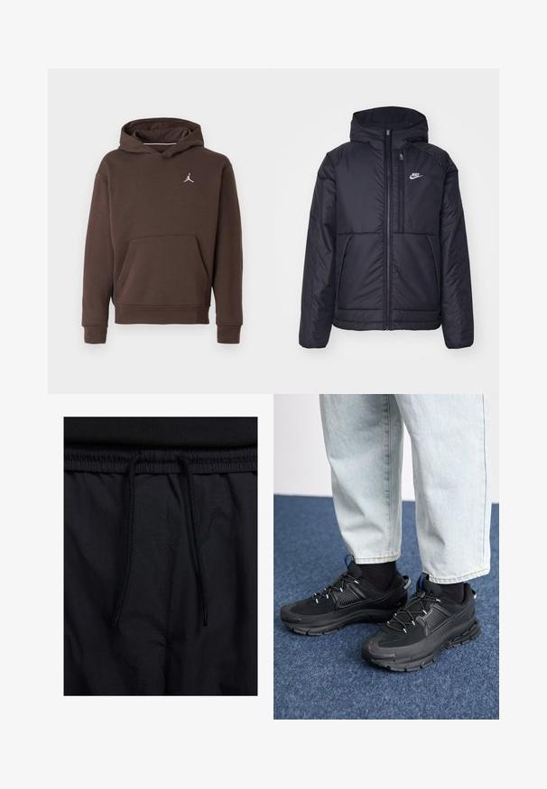 Črna, podložena Nike jakna z sprednjim zadrgo in kapuco. Ima bel logo na levem prsnem delu in dvojna sprednja žepa. Gladka zunanja tekstura.; Rjava kapuča s prednjim kengurujskim žepom in majhnim belim Jumpman logotipom na prsih.; Črne kratke hlače z vrvico v pasu, lahkotna tkanina z gladko teksturo in preprosto zasnovo brez vidnih logotipov ali vzorcev.; Črne športne čevlje z teksturirano tkanino in gumijastimi podplati, ki imajo elastične vezalke ter modre poudarke na peti. Nosi se z lahkimi denim hlačami.