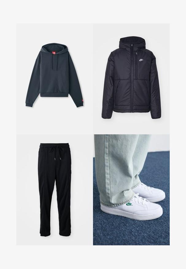 Giacca Nike nera, imbottita, con zip frontale e cappuccio. Presenta un logo bianco sul lato sinistro del petto e doppie tasche frontali. Texture esterna liscia.; Felpa con cappuccio blu navy realizzata in morbido tessuto, presenta una tasca a marsupio, polsini a costine e un'etichetta con logo sulla parte anteriore.; Pantaloni casual neri con elastico in vita, tasche laterali e taglio dritto su uno sfondo uniforme.; Sneakers in pelle bianca con logo Nike verde, punta rotonda, suola piatta, abbinati a pantaloni in denim azzurro, mostrati su un tappeto blu.